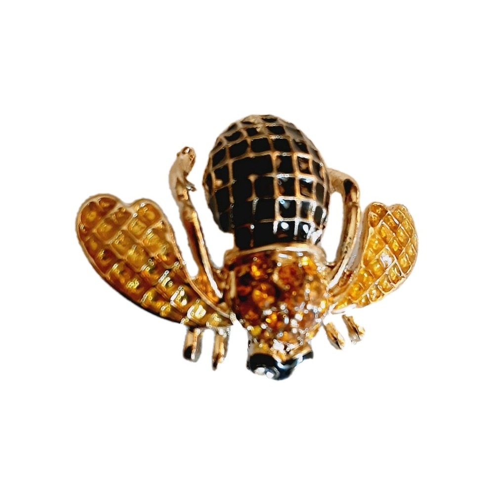 Brooch PIN Bumble Honey BEE Yellow Rhinestones Black Enamel